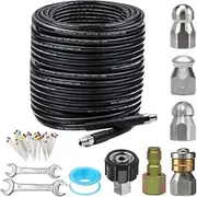 10 PCS Set Black 50 FT Sewer Jetter Kit for Pressure Washer 5800PSI Drain Cleaner Hose 1/4 Inch NPT Corner Rotating and Button Nose