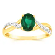 9ct Yellow Gold 1.8 Carat Created Emerald & 10Diamonds Ring, R