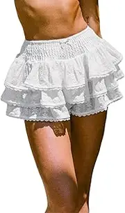 [Fjfsoo] Women Y2k Lolita Bloomers Shorts Lace Ruffle Layered Pumpkin Pants Elastic Low Rise Boy Shorts Streetwear