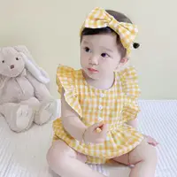 在飛比找ETMall東森購物網優惠-夏季韓版格子透氣無袖嬰兒連體衣