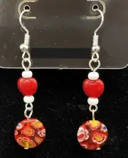 Red Glass Heart & Millefiori Bead with White Glass Bead Earrings by Neanie-Bot