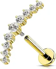 [OUFER] 16G Gold Conch Piercing Internal Thread Titanium G23 Helix Earring Cartilage Ear Piercing Clear CZ Conch Lobe Lip Stud for Women 8 mm Flat Back Earring