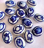 Hand Painted Blue Tulip Flat Oval Ceramic Loose Bead DIY Jewelry Making Supply