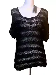 NWT Eileen Fisher Sequin Chainmail Shadow Stripe Sweater, black, small, classic