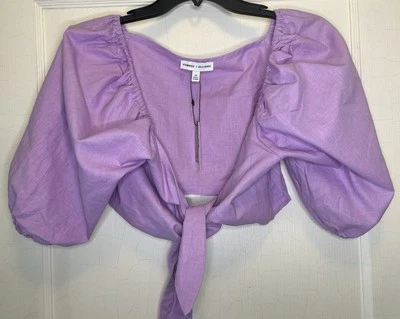 Express X Rocky Barnes XS Purple Tie-Front Off Shoulder Puff Sleeve Crop Top