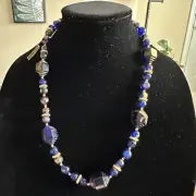 Vintage Genuine Lucite Necklace by Hugo Blue & Gold 24"