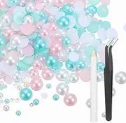 uxcell 50g Flatback Rhinestones, 3mm-10mm Mixed Rhinestones and Half Pearls with Pick Up Pen and Tweezer for Nail Art Crafts, Phone Case, Clothes DIY (Light Blue/Pink)