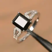 2.10CT Emerald Cut Real Black Onyx 14K White Gold Finish Engagement Jewelry Ring