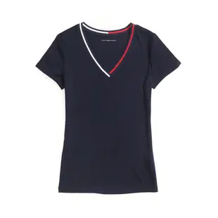 美國百分百【Tommy Hilfiger】T恤 TH 女 上衣 V領 學院風 T-shirt 短袖 深藍 S號 H221