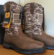 NWT Men Ariat Boots Brown 10023100 WorkHog Wide Square SOFT TOE Patriot Camo ATS