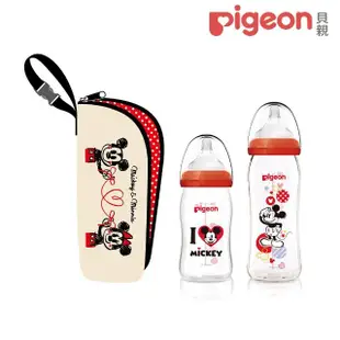 【Pigeon 貝親】寬口母乳實感玻璃奶瓶160+240ml+迪士尼保溫袋(米奇紀念款)