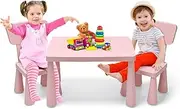 Costway Plastic Children's Seating Set, Table w/ 2 Chairs, Chair w/Backrest & Round Edges, Monochrome Design, for Boys & Girls, for Rooms