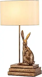 [Lexi Lighting] Rabbit Regal Table Lamp, Antique Copper Resin Base, Ivory Rayon PVC Drum Shade, Overall Height 52cm, E27, Ornamental Luxury Animal Desk Light Home Decor Lighting