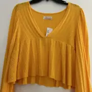 Urban Outfitters Womens Praiere Ribbed Cropped Babydoll Top M Orange NEW Peasant
