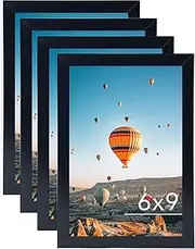 6x9 Picture Frame Set of 4 Black for Wall Hanging or Tabletop- Wall Mounting Horizontally or Vertically, 6 x 9 Wall Gallery Poster Photo Frames for 6 by 9 Photo,4 Pack, Black