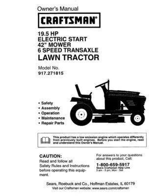 Owners Manual Sears Craftsman 19.5 HP Lawn Tractor 42” Mower - Model 917.271815