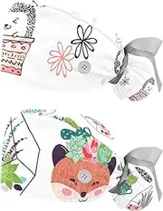 [WOSHJIUK] Working Hat 2 Pack Scrub Caps for Women,Floral Animal,Tie Back Cap Adjustable Scrub Hat