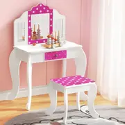 1 Set Keezi Kids Dressing Table Chair 2 in 1 Vanity Makeup Chair Set Wooden 3 Mirror Drawer Pink