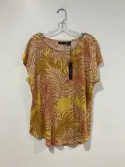 NWT Tahari 100% Linen Women Boho Top Shirt Tee Blouse Yellow Leaf Floral Size XL
