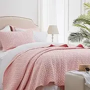 SunStyle Home Pink Quilt Queen Size Quilt Bedding Set, Lightweight Bedspread Full Soft Reversible Coverlet for All Season 3pcs Leaf Embroidered Luxury Durable Quilted Stitching Bed Set Blush