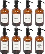 Harbour Housewares Glass Soap Dispensers with Labels - Amber/White - 8 Pack - 500ml Refillable Soap Dispensers Hand and Dish Liquid Pump for Bathroom, Kitchen, Laundry Room