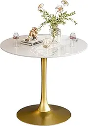 Kitchen Dining Table Marble Tabletop: Round 76cm Modern Sintered Stone High Gloss Snow Mountain White Marble Top Dinner Tables with Golden Round Pedestal Base for Home Coffee Shop Restaurant