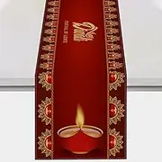 Vohado Happy Diwali Table Runner Festival of Lights Oil Lamp Red Pattern Kitchen Dining Room Home Farmhouse Holiday Party Decoration