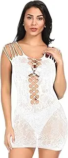 UAREBST Rhinestone Fishnet Sparkly Sexy Bodysuit Womens White Fishnet Lingerie Mesh Chemise Babydoll Bodysuit