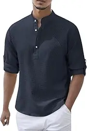 Men's Long Sleeve Henley Shirts Casual Lightweight T Shirt Collarless Quarter Button Waffle Pullover Shirt