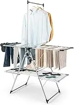 Foldable Clothes Drying Rack, Freestanding Laundry Rack w/Hanging Bar, Height Adjustable Wings, Sock Clips, Netting Cloth & Shoe Hooks, Collapsible Gullwing Laundry Rack for Indoor Outdoor Use