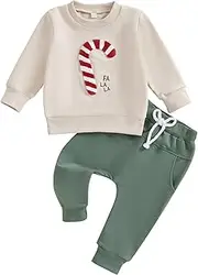 [Loalirando] Toddler Baby Boy Christmas Outfits Long Sleeve Candy Cane Embroidery Sweatshirt Pullover Tops Drawstring Pants Sets Fall Winter Clothes