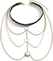 [Generic] Layered Pearl Leg Chain Jewelry Elastic Thigh Metal Pearl Garter Sexy Festival Beaded Thigh Body Chain Jewelry for Women Medium, Alloy