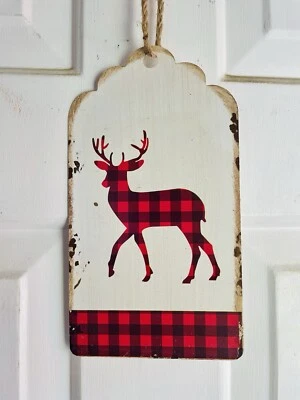 Distressed Metal Buffalo Check Deer Hanging Tag Rustic Christmas Decor
