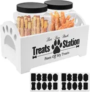 Wood Dog Treat Container with Jars and Stickers Anti Deformation Space Saving Dog Treat Organizer Dog Treat Station for Countertop (White)