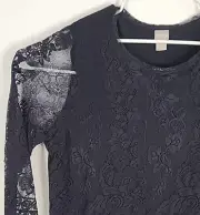 Chico's NWT Black Lace Overlay Knit Top With Lace Long Sleeves Size 3, MSRP $70