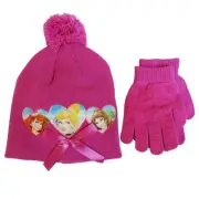 NEW Disney's Princess Hot Pink Knit Hat with Bow & Gloves Set OSFM Girls 3-6