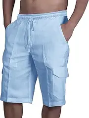 [Aosufei] Men's Linen Drawstring Casual Cargo Shorts Solid Quick Dry Loose Beach Shorts Lightweight Elastic Waist Sports Shorts