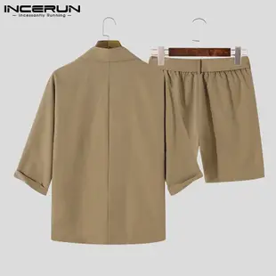 INCERUN 男士韓式時尚七分袖西裝外套+鬆緊短休閒套裝