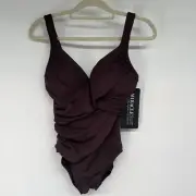 NWT Miraclesuit Revele One Piece Swimsuit 12 Sumatra Brown Ruched Bathing Suit
