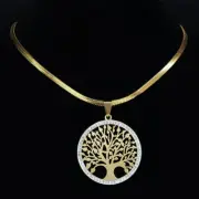 Women Chain Necklace Tree of Life Crystal Pendants Stainless Steel Choker 1Pcs
