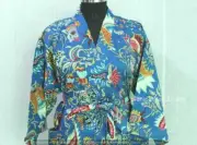Mukat Print Full Length 3/4 Sleeves Blue100% Cotton women Boho Kimono Dress Robe
