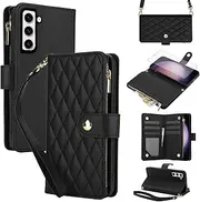 [Asuwish] Mobile Phone Case for Samsung Galaxy S23 5G Case with Strap Film Screen Protector Card Slot Foldable Leather Wallet Stand S 23 23S S23 Case Mobile Phone Cases Protective Zip Phone Case Black