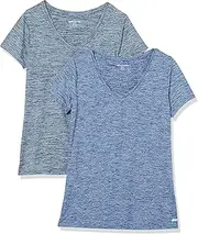 [Amazon Essentials] Women's Tech Stretch Short-Sleeve V-Neck T-Shirt (Available in Plus Size), Pack of 2, Black Heather/Navy Heather, Medium