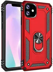 For Apple iPhone 11 Case, Military Grade 360 Degree Rotating Metal Magnetic Ring Car Mount Holder Kickstand Shockproof Heavy Duty Cover (Red)