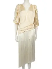 Ecru Silk Satin Tassel Detail Dress