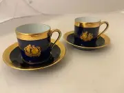 Set of 2 Limoges Veritable Porcelaine D'Art Cobalt & Gold Teacups with Saucers