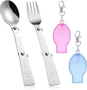 2pcs Foldable Fork and Spoon Set, Portable Stainless Steel Folding Spoon and Fork with 2 Plastic Storage Cases for Outdoors Travel Replacement Compatible with Thermos Funtainer 16oz Food Jar