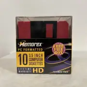 Memorex 3.5" 2SHD Floppy Disk PC Formatted Rainbow 10 Pack With File Box New