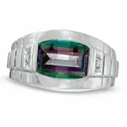 Men's Barrel-Cut Mystic Fire« Topaz and Natural Diamond Accent Ring in Solid 10K White Gold