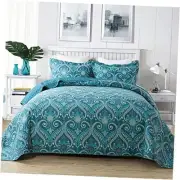 Cotton Bedspread Quilt Sets-Reversible Patchwork Queen Turquoise Classic Royal